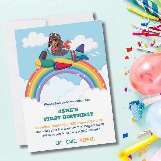 Boy First Birthday Dog Pilot Airplane Clouds Cute 招待状