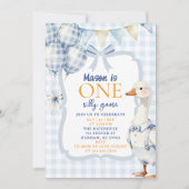 Boy First Birthday Invitation Silly Goose Blue 招待状 (正面)