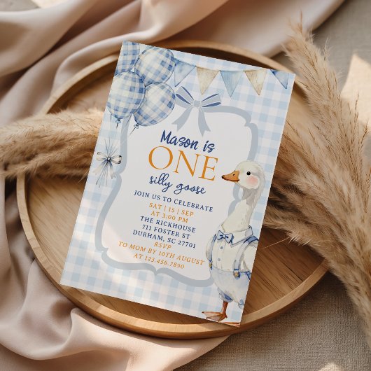 Boy First Birthday Invitation Silly Goose Blue 招待状