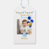 Boy First Birthday Photo Blue Gold Balloon Cute ギフトタグ (裏面)