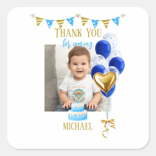 Boy First Birthday Photo Blue Gold Balloon Cute スクエアシール (正面)