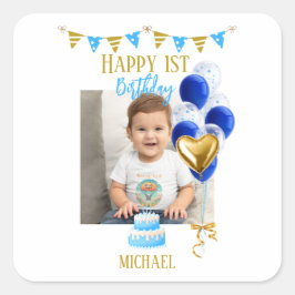Boy First Birthday Photo Blue Gold Balloon Cute スクエアシール