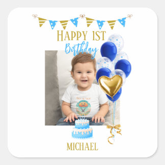 Boy First Birthday Photo Blue Gold Balloon Cute スクエアシール