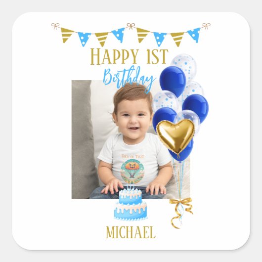 Boy First Birthday Photo Blue Gold Balloon Cute スクエアシール (正面)