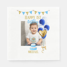 Boy First Birthday Photo Blue Gold Balloon Cute スタンダードランチョンナプキン