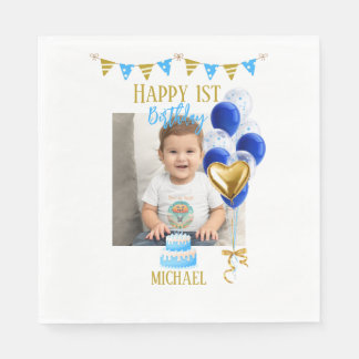 Boy First Birthday Photo Blue Gold Balloon Cute スタンダードランチョンナプキン