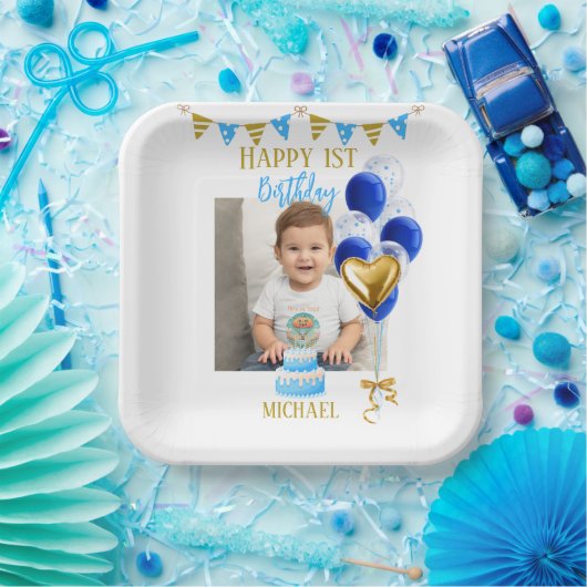 Boy First Birthday Photo Blue Gold Balloon Cute ペーパープレート (パーティー)