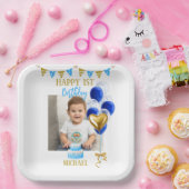 Boy First Birthday Photo Blue Gold Balloon Cute ペーパープレート (パーティー)