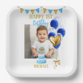 Boy First Birthday Photo Blue Gold Balloon Cute ペーパープレート (正面)