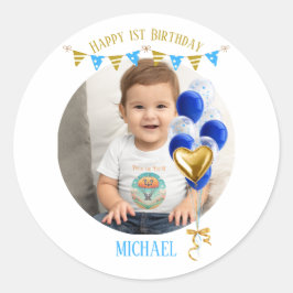 Boy First Birthday Photo Blue Gold Balloon Cute ラウンドシール