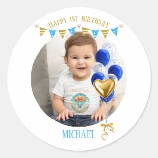 Boy First Birthday Photo Blue Gold Balloon Cute ラウンドシール
