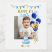 Boy First Birthday Photo Blue Gold Balloon Cute ワインラベル (シングルラベル)