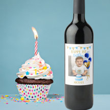 Boy First Birthday Photo Blue Gold Balloon Cute