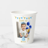 Boy First Birthday Photo Blue Gold Balloon Cute 紙コップ (正面)