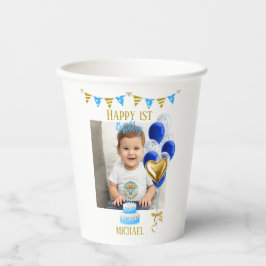 Boy First Birthday Photo Blue Gold Balloon Cute 紙コップ