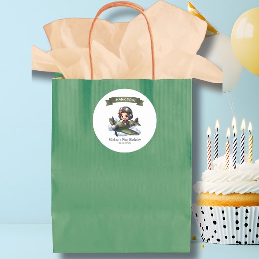 Boy First Birthday Pilot Vintage Airplane Clouds ラウンドシール