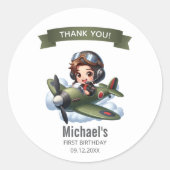 Boy First Birthday Pilot Vintage Airplane Clouds ラウンドシール (正面)