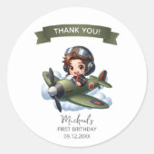 Boy First Birthday Pilot Vintage Airplane Clouds ラウンドシール (正面)