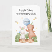 Boy First Birthday Woodland Rabbit Bear Card カード (正面)