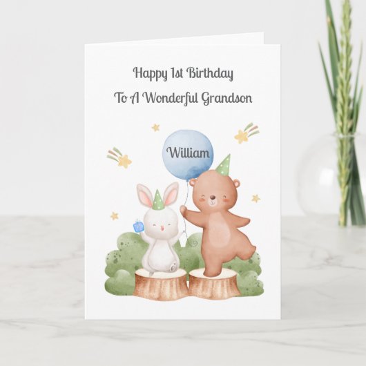 Boy First Birthday Woodland Rabbit Bear Card カード (正面)