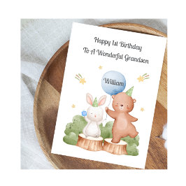 Boy First Birthday Woodland Rabbit Bear Card カード