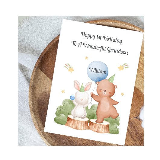 Boy First Birthday Woodland Rabbit Bear Card カード