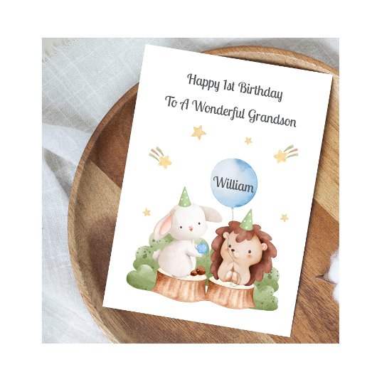 Boy First Birthday Woodland Rabbit Hedgehog Card カード