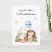 Boy First Birthday Woodland Rabbit Hedgehog Card カード (正面)