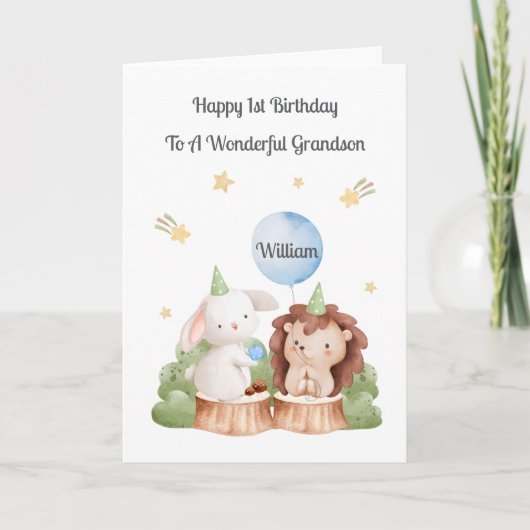 Boy First Birthday Woodland Rabbit Hedgehog Card カード (正面)