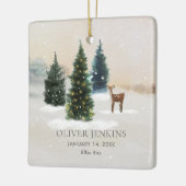 Boy First Christmas Birth Stats Woodland Photo セラミックオーナメント (左)