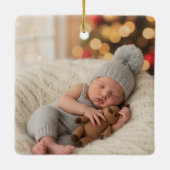 Boy First Christmas Birth Stats Woodland Photo セラミックオーナメント (裏面)