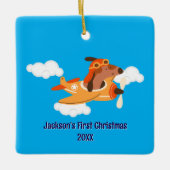Boy First Christmas Dog Pilot Airplane Cloud Funny セラミックオーナメント (正面)