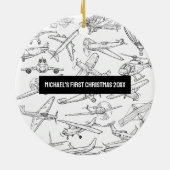 Boy First Christmas Hand Drawn Airplanes Aviation  セラミックオーナメント (裏面)