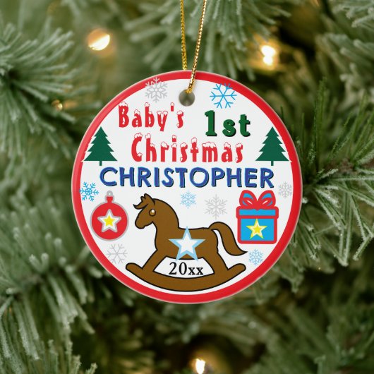 Boy First Christmas PHOTO Rocking Horse  セラミックオーナメント (ツリー)