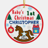 Boy First Christmas PHOTO Rocking Horse  セラミックオーナメント (正面)