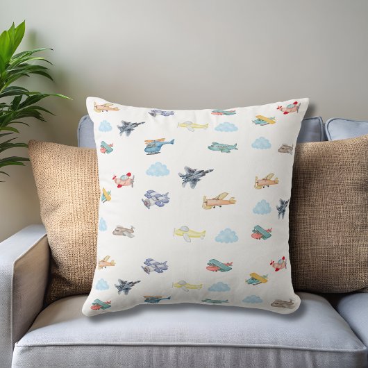 Boy First Christmas Watercolor Airplanes Clouds クッション
