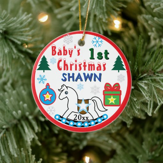 Boy First Christmas White Horse Peace セラミックオーナメント (ツリー)