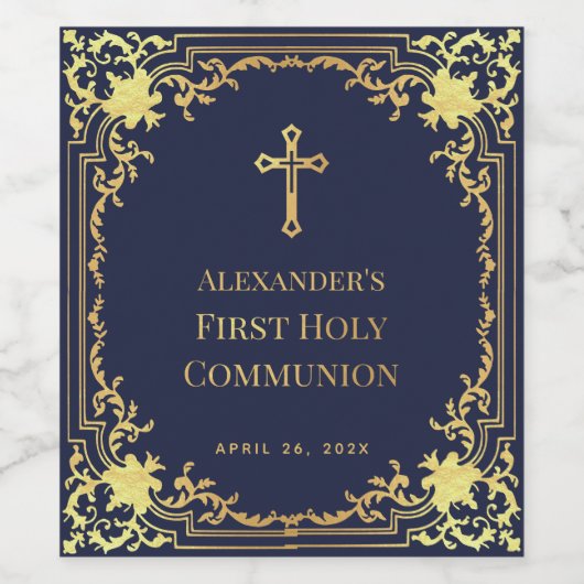 Boy First Communionネイビーブルーフェイク金ゴールドエレガント ワインラベル (シングルラベル)