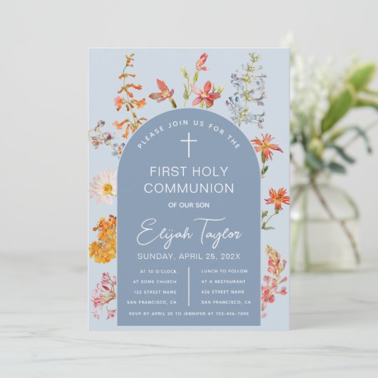 Boy First Communionブルーアーチワイルドフラワーズフローラ 招待状 (スタンド正面)
