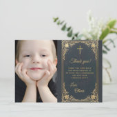 Boy First Communionヴィンテージブルー金ゴールド写真 サンキューカード (スタンド正面)