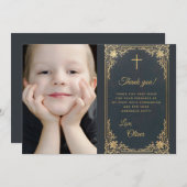 Boy First Communionヴィンテージブルー金ゴールド写真 サンキューカード (正面/裏面)