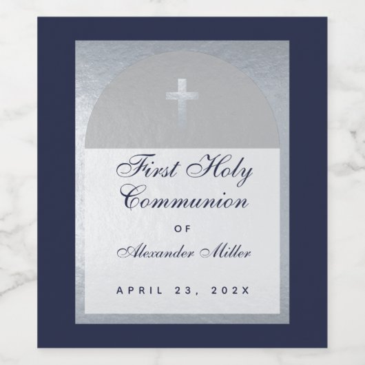 Boy First Communion フェイク Silver Arch Navy Blue ワインラベル (シングルラベル)