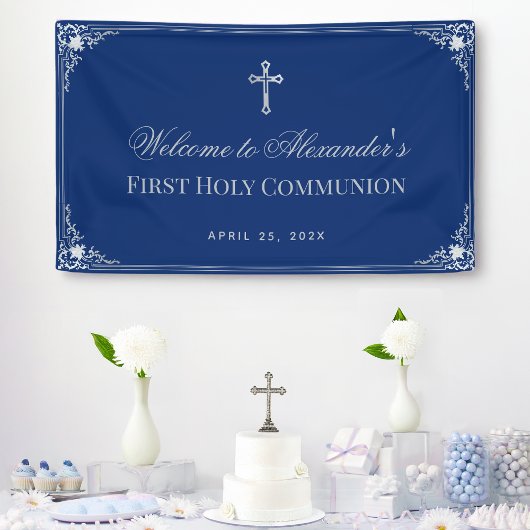 Boy First Communion 王室の Blueヴィンテージ書 横断幕