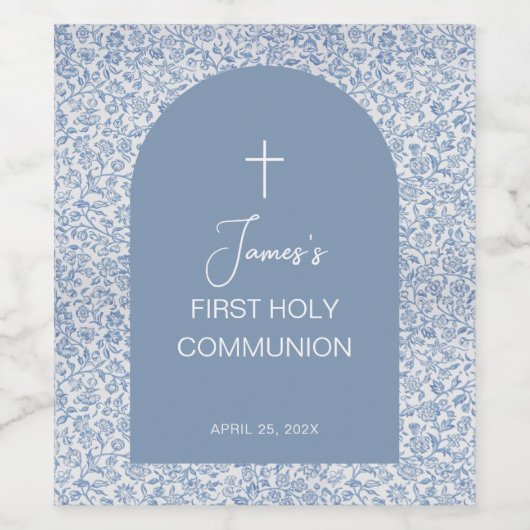 Boy First Communion Arch Blue White Floral Pattern ワインラベル (シングルラベル)