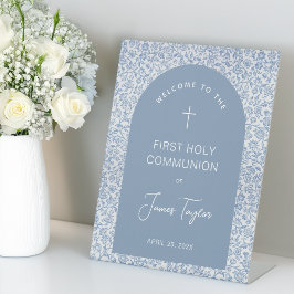 Boy First Communion Arch Blue White Floral Welcome 台座サイン