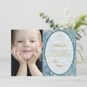 Boy First Communion Blueフローラ金ゴールド写真 サンキューカード (スタンド正面)