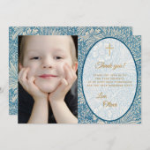 Boy First Communion Blueフローラ金ゴールド写真 サンキューカード (正面/裏面)