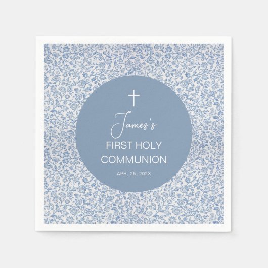 Boy First Communion Blue and White Floral Pattern スタンダードカクテルナプキン (正面)