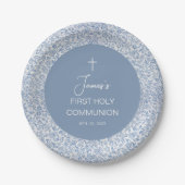 Boy First Communion Blue and White Floral Pattern ペーパープレート (正面)