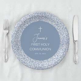 Boy First Communion Blue and White Floral Pattern ペーパープレート